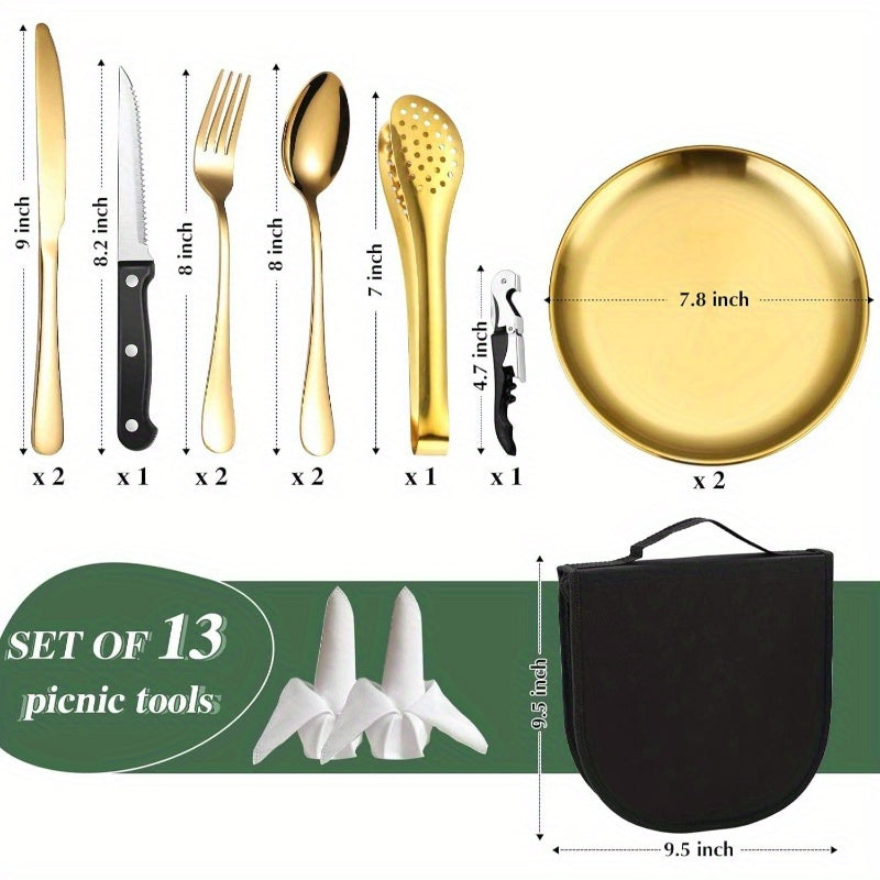 Camping Silverware Kit Cutlery Organizer Utensil Picnic Set Stainless Steel Plate Spoon Clip and Serrated Knife Wine Opener Fork Napkin Hiking - Camp Kitchen BBQu2019s, Camping Plates And Utensils, Camping Cooking Set, Camping Kitchen Accessories, Camping