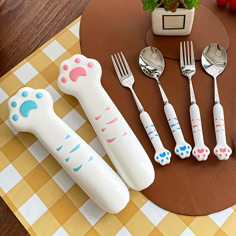 2pcs Stainless Steel Outdoor Cutlery Set with Cute Cat Paw Design - Heavy-Duty Reusable Fork & Spoon, Portable Camping, Picnic, Travel Utensils with Ergonomic Handle & Paw-Shaped Storage Case, Hygienic & Durable and Adults, Ideal for Camping, Travel,