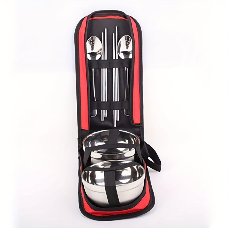 Stainless Steel Tableware Set, Suitable for Outdoor Travel and Camping, Portable Two Person Tableware, Including Chopsticks, Spoons, Bowls, Easy to Carry, 201 Stainless Steel Structure