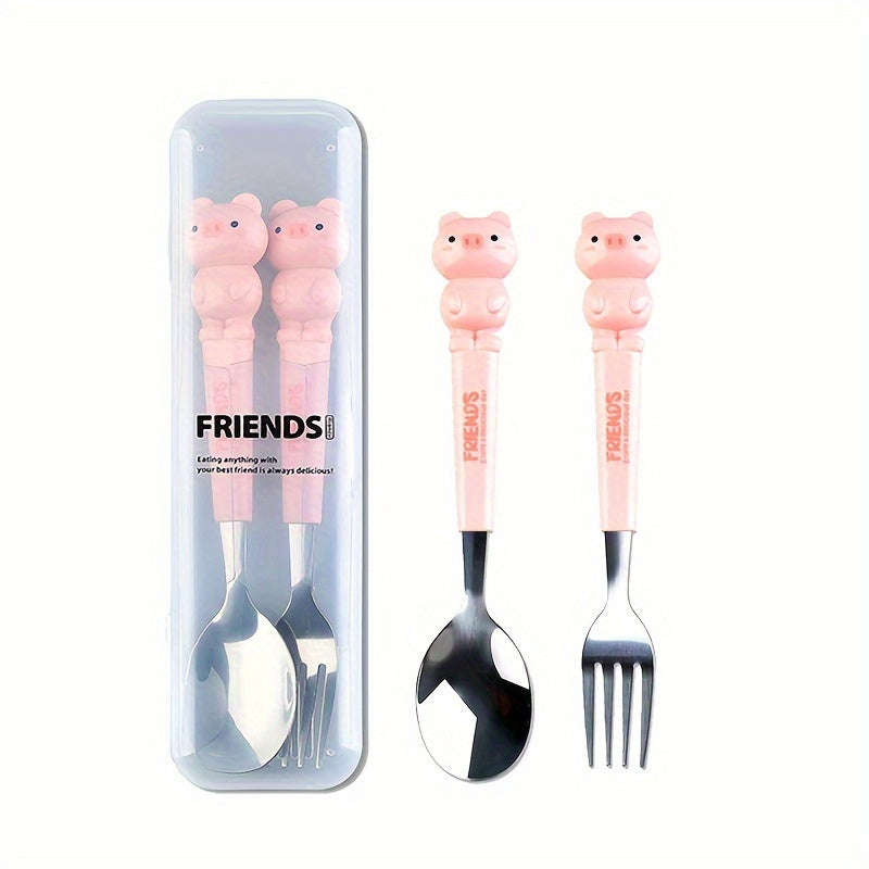 2pc/set Stainless Steel Portable Flatware Set with Cartoon Spoon and Fork, Transparent Reusable Storage Box for Home, School, Picnic, Outdoor Camping