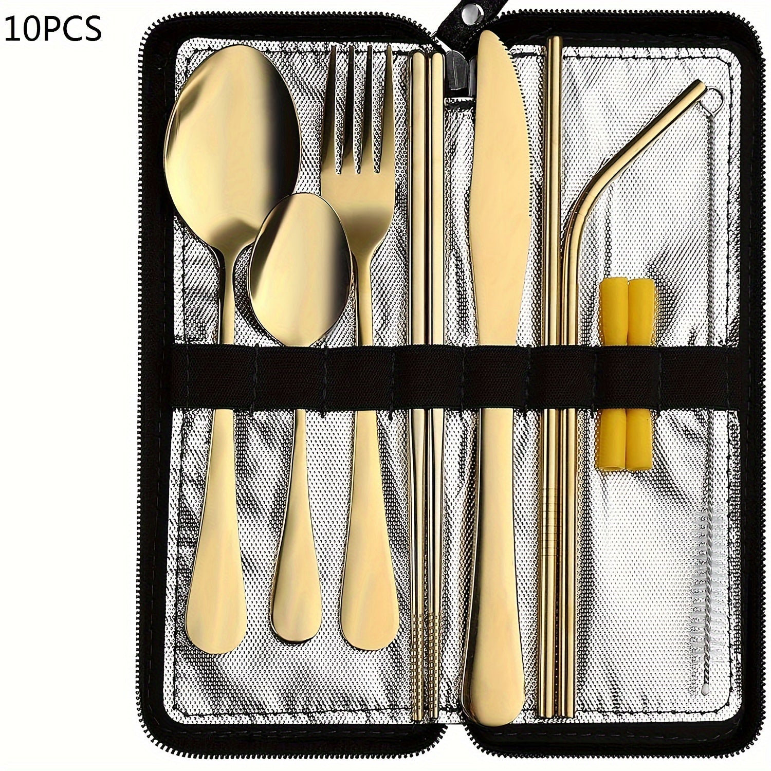 Portable travel cutlery, reusable cutlery with fixed cutlery box, including chopsticks, straws, knives, forks, spoons, straw brushes, 9pcs stainless steel cutlery set, black, Golden, Silvery