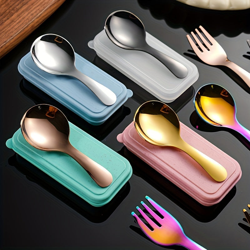 Set of 6pcs in 2 Packs of 304 Stainless Steel Cutlery with a Case - Convenient Fork And Spoon Set Ideal for Gatherings, Travel, And Picnics - Versatile Round-Headed Utensils Suitable for Ice Cream, Cake, Fruit, And As a Festival Gift.