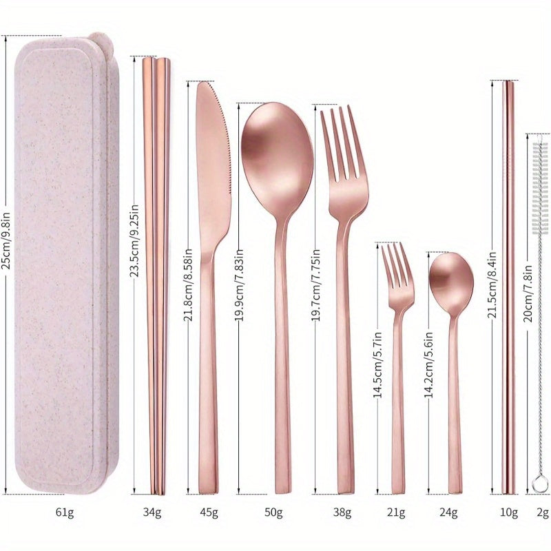 8pcs Stainless Steel Flatware Set - Rose Golden Portable Reusable Travel Cutlery with Elegant Rose Golden Design, Compact & Lightweight Utensil Set with Cleaning Brush, Dishwasher Safe - Fork, Knife, Spoon, Chopsticks, Straw & Case for Camping, Office,