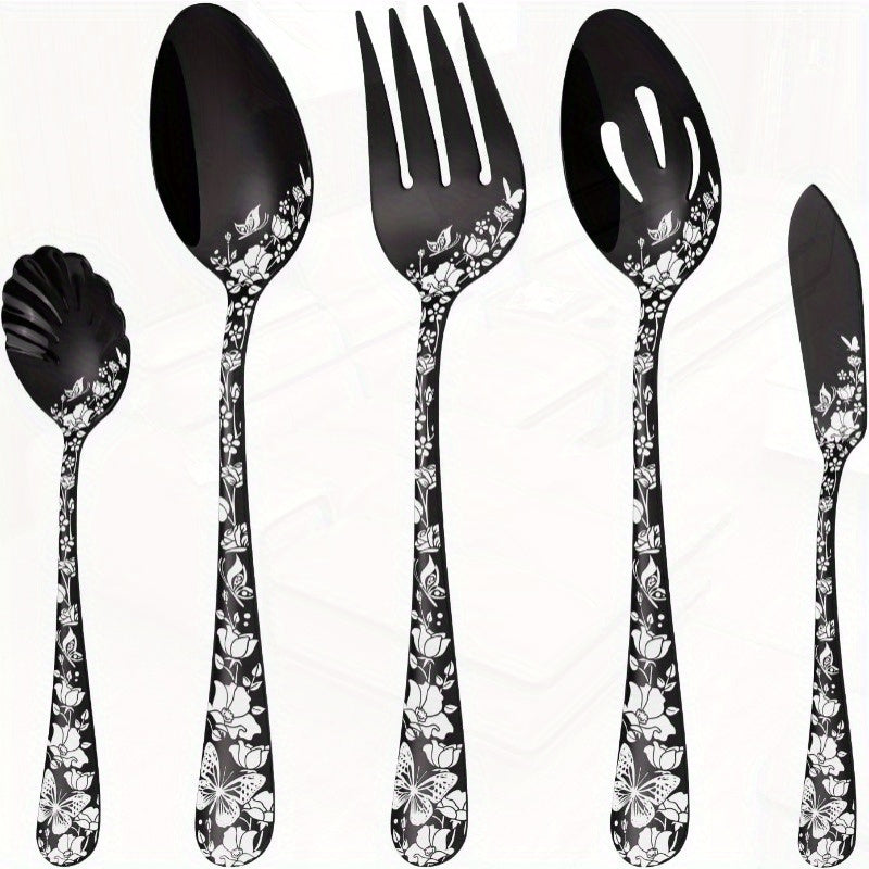 Serving Utensils Set Black 5pcs Large Hostess Set Stainless Steel Flatware Serving Set Ideal for Buffet Catering Party Mirror Polished Dishwasher Safe