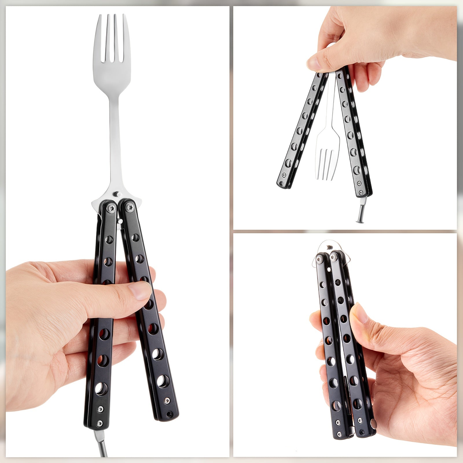 2pcs Tactical Butterfly Fork and Spoon Set - Stainless Steel Folding Utensils with Ergonomic Handles, Compact Travel-Friendly Design for Camping, Hunting, BBQ, Kitchen - Durable & Portable (Black), Camping Essentials, Sleek Metallic Finish, Highquality