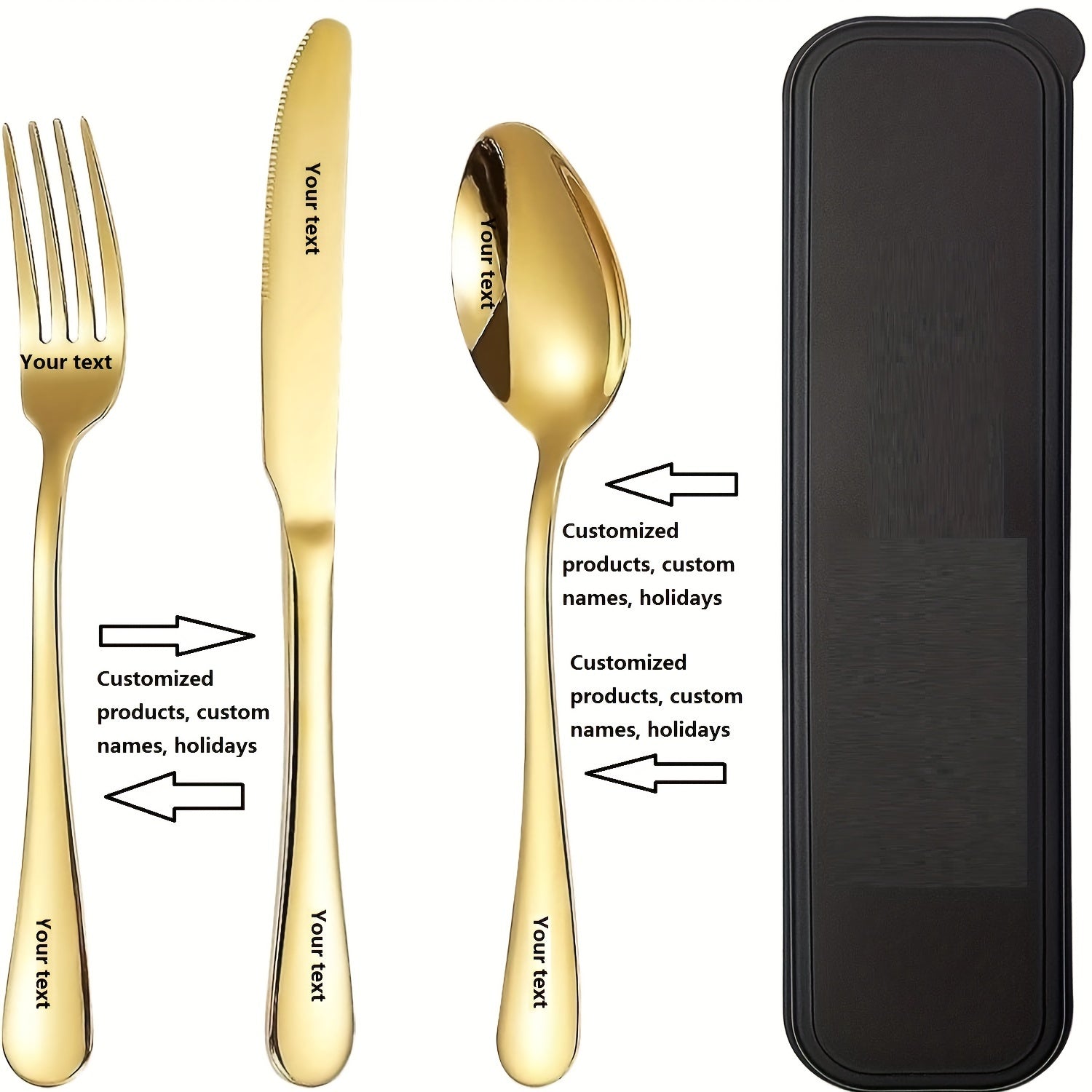 Personalized stainless steel tableware set, customized engraved names, reusable tableware sets for blessings, birthdays, black and Golden, travel silverware set, suitable for home offices, schools, camping