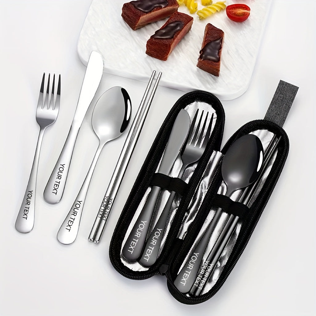 Customized 4pcs Stainless Steel Knife, Fork and Spoon Set Stainless Steel Knife, Fork and Spoon Black Tableware Four Piece Set Outdoor Travel Knife and Fork Portable Storage Bag Outdoor Picnic Family Reusable Tableware Silver Black